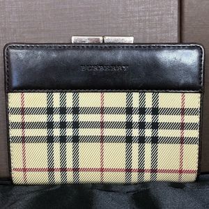 BURBERRY Nova Check Compact Dark Brown Leather and Canvas Kisslock Wallet